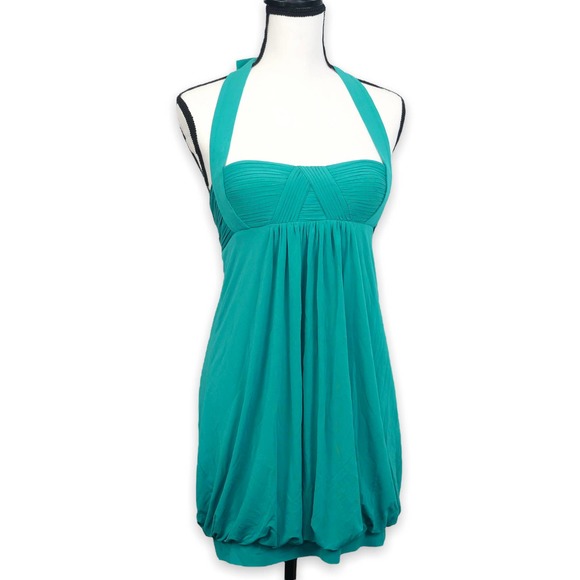 BCBGMaxAzria Teal Halter Bubble Dress XS Babydoll Party Turquoise Pleated BCBG - Picture 1 of 8
